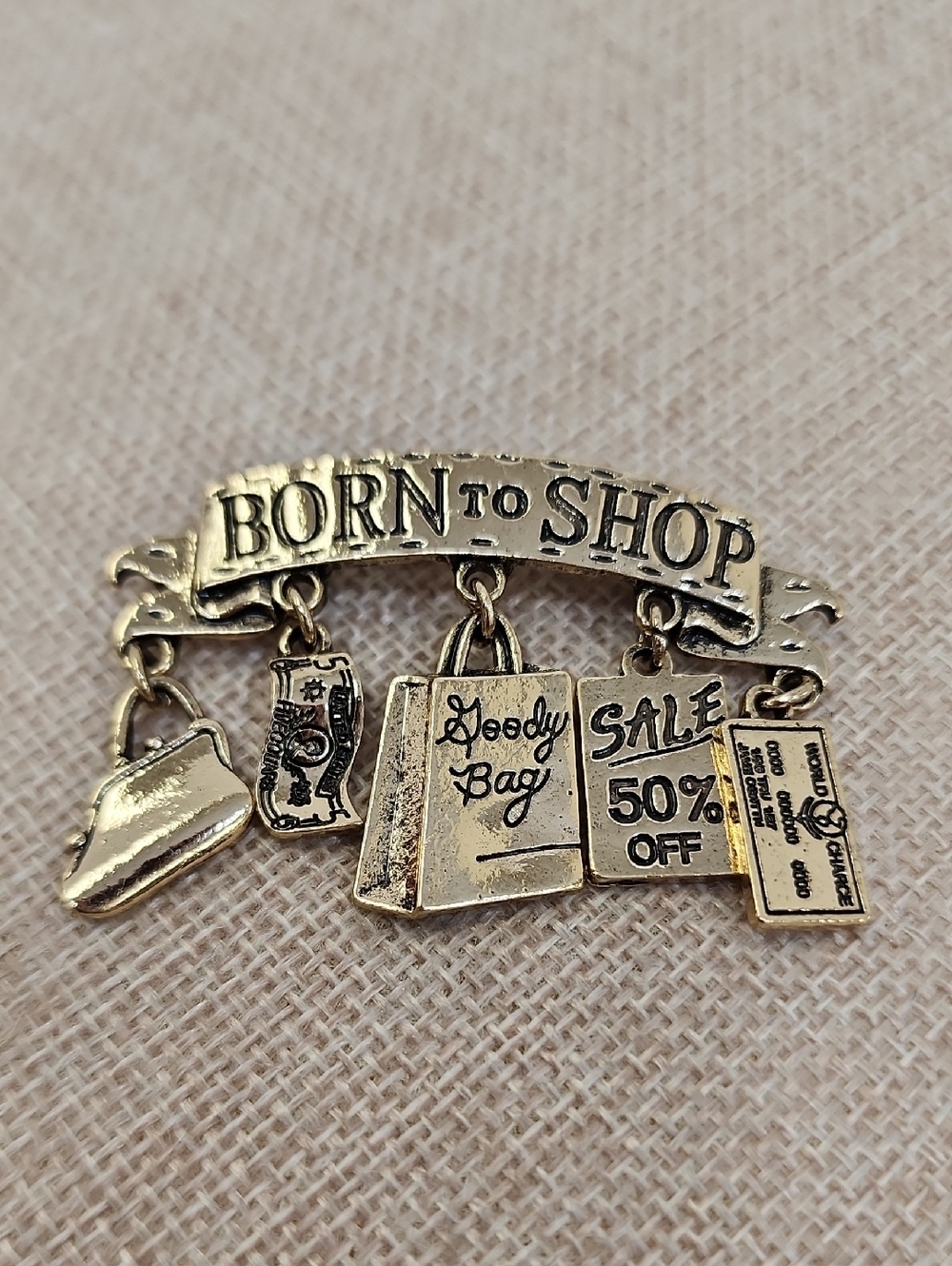 Gold Tone Shopping Theme Charm Brooch Fashion Lover Statement Pin OS